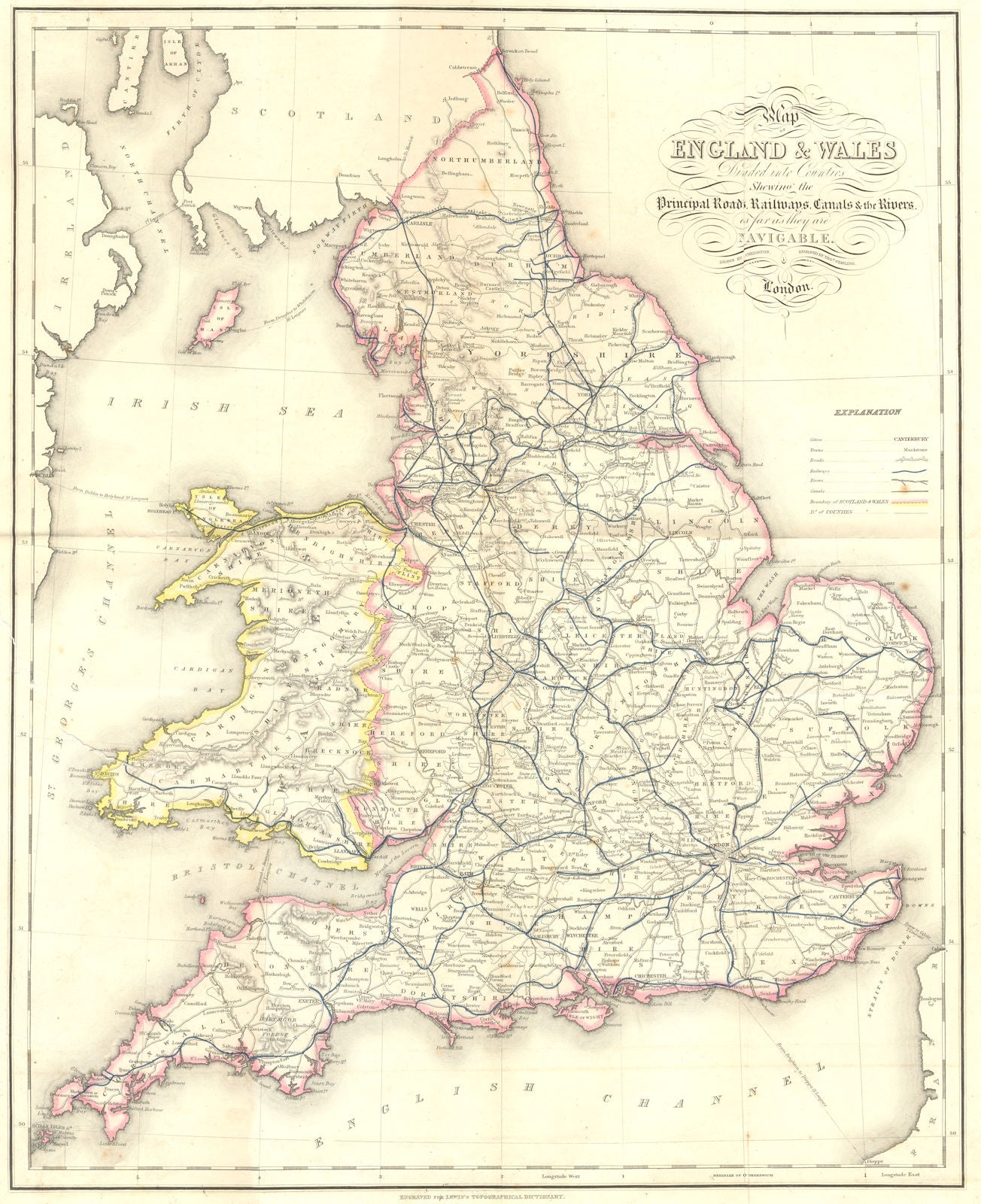 ENGLAND WALES. Roads, rail, canals, rivers. Lewis 1849 old antique map chart